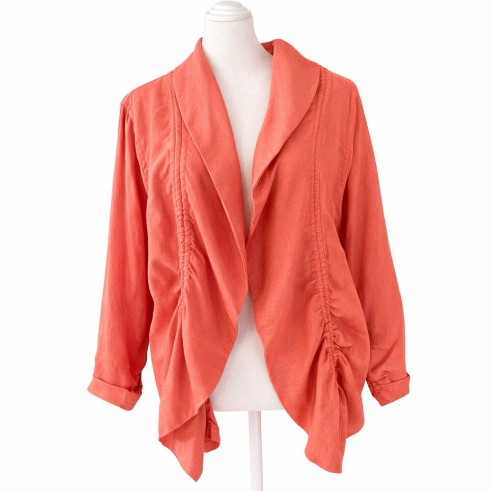 Chico’s 100% Linen Melon Ruffle Ruched Jacket Blazer Lagenlook Chicos 2 L
